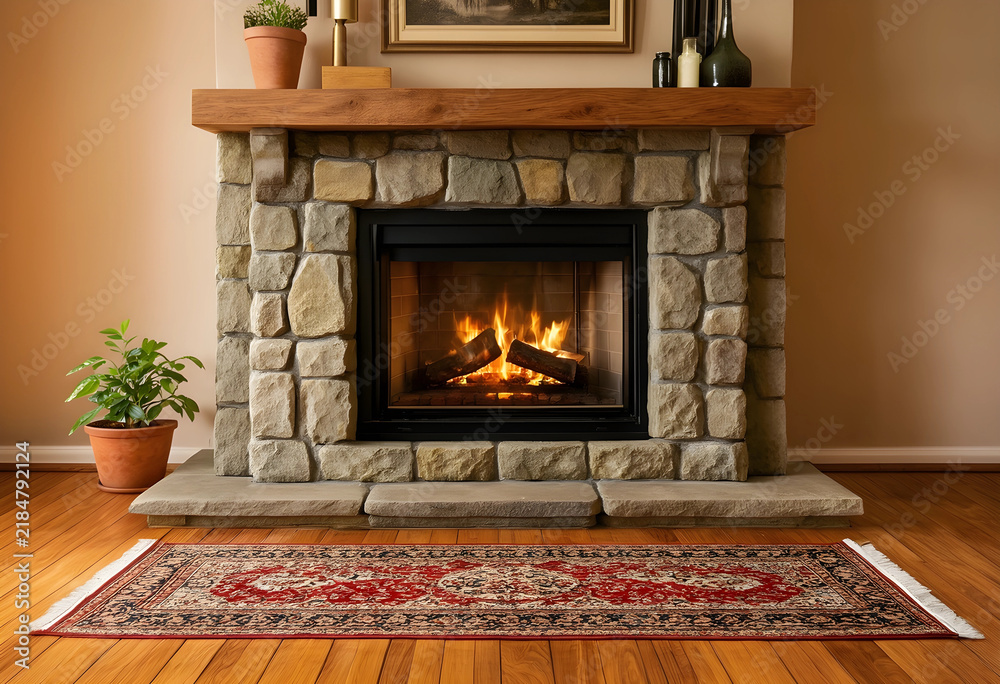 Obraz premium Cozy home atmosphere and interior design, stone fireplace with burning fire and wooden mantel in a warm living room with hardwood floors and rug
