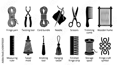 Cuadro en lienzo Macrame craft tools icon set, 14 black fringe yarn and knotting equipment symbol