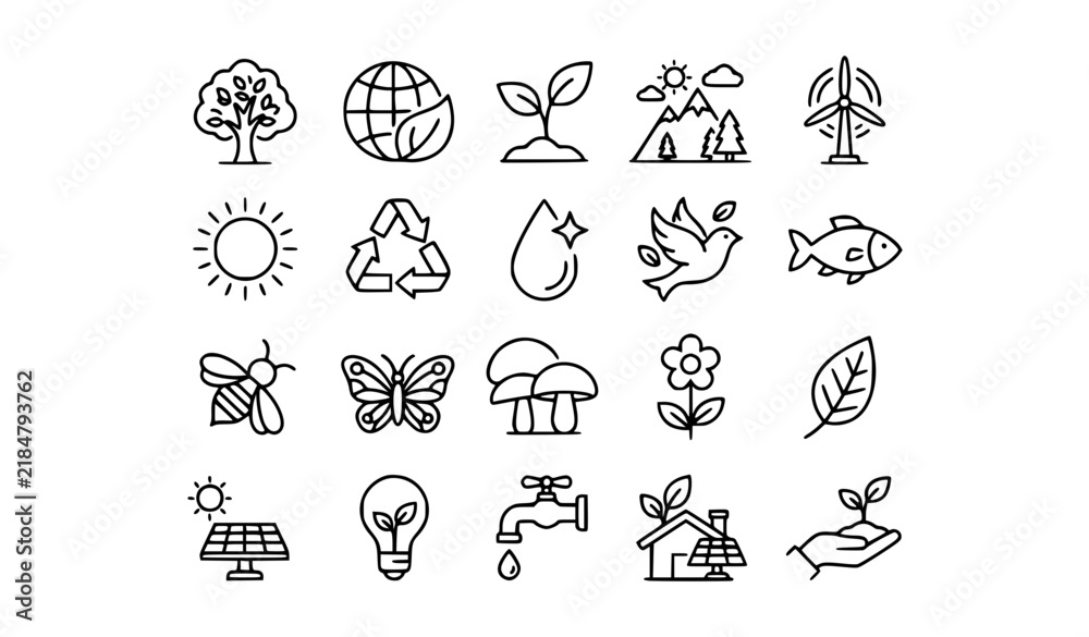 Fototapeta premium Ecology line icon set featuring nature environment conservation sustainability renewable energy plants water and earth vector symbols