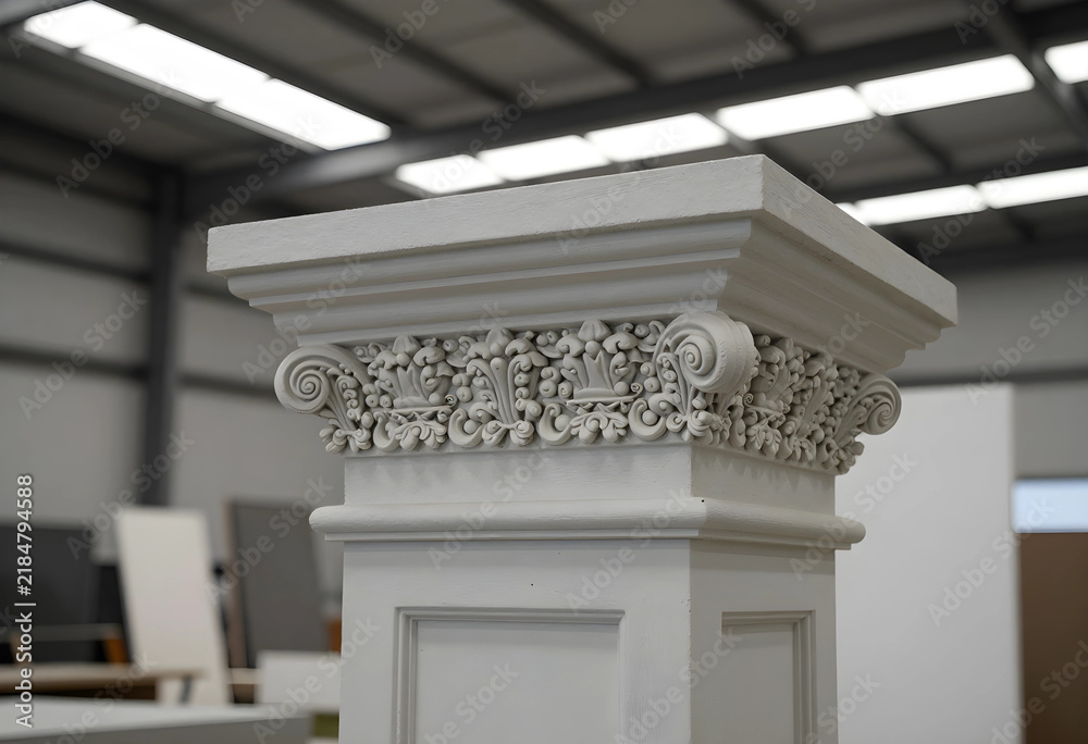 Obraz premium Architecture and interior design concept, ornate classical column capital with decorative floral molding in a modern industrial workshop environment