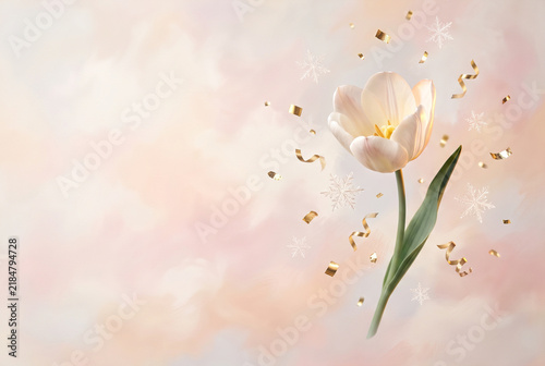 White tulip flower with gold confetti and snowflakes on pastel background