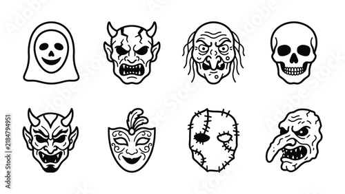 Canvastavla Horror Masks Collection: A graphic collection of eight distinct horror masks, including a grinning ghost, a fierce demon, a ghastly witch, a skull, a masked character, and a stitched-up figure