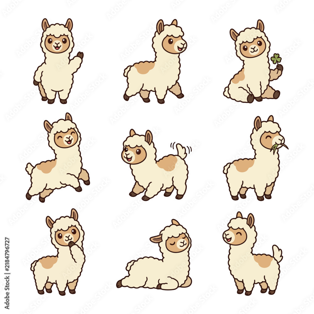 Fototapeta premium Cute cartoon alpaca sticker set featuring adorable llama characters in various playful poses