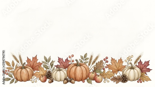 Watercolor autumn harvest border with pumpkins and colorful fall leaves isolated on a white background
