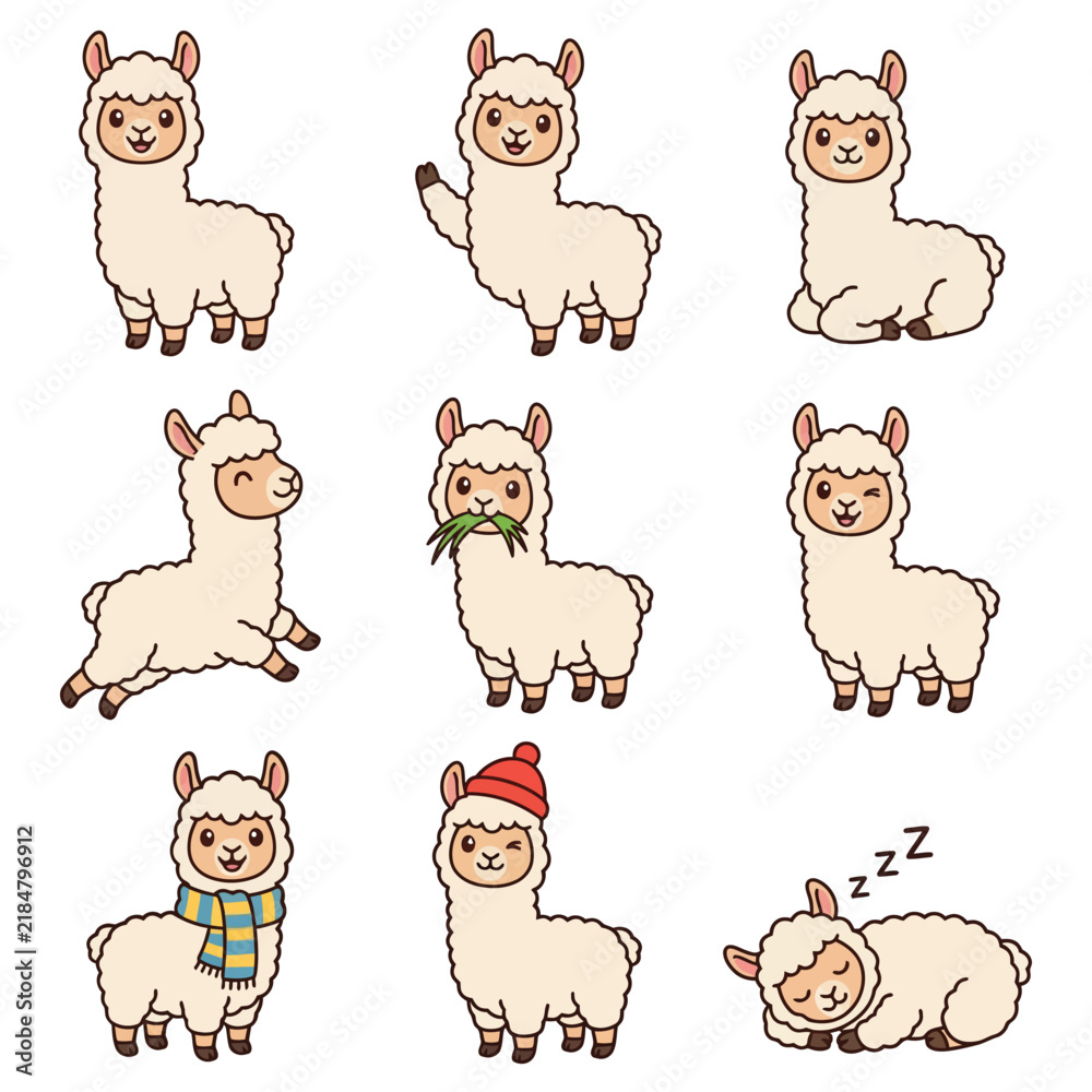 Fototapeta premium Cute cartoon llama and alpaca character set with different happy emotions and funny poses