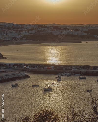 Obraz na płótnie Sunset over Porto de Abrigo in Albufeira, Portugal