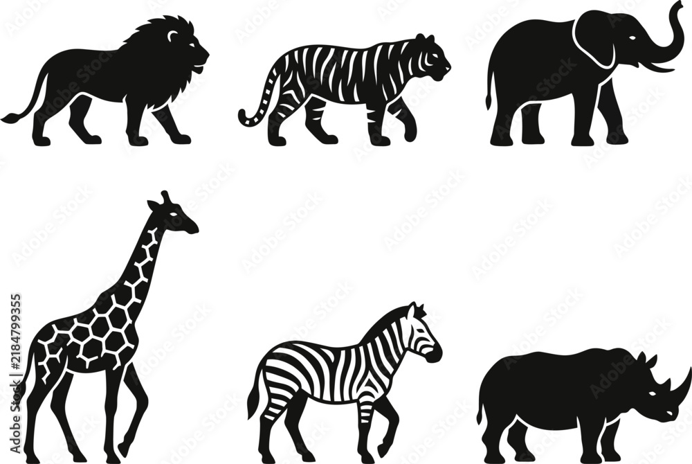 Obraz premium Set of six black silhouette illustrations of wild African safari animals.