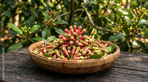 Fresh green and pink cloves piled inside a woven bamboo basket on wood