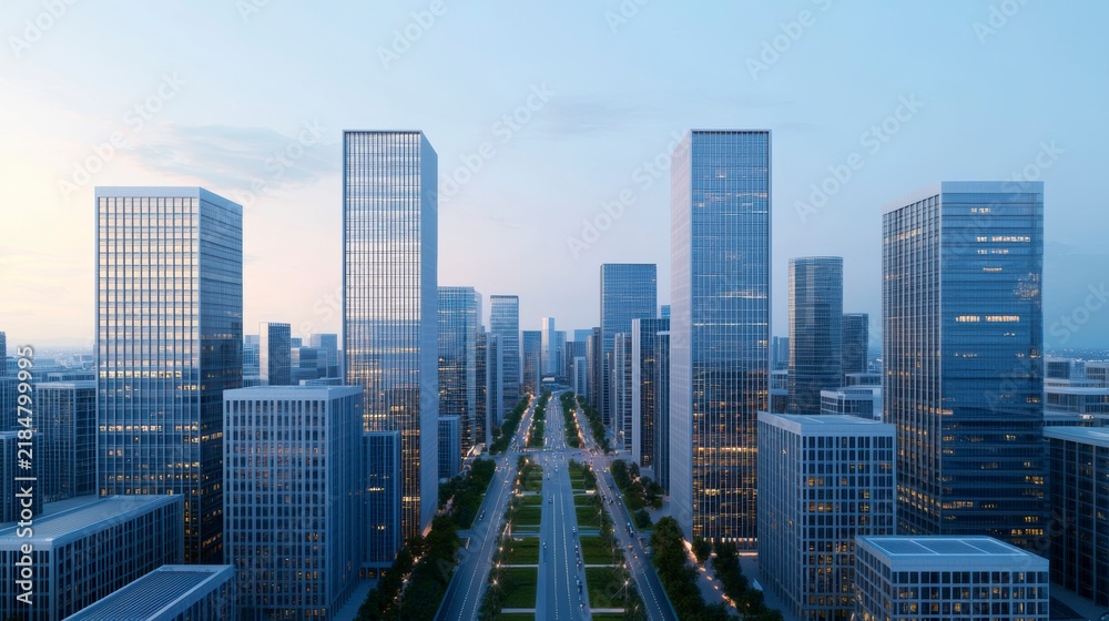 Fototapeta premium Modern cityscape featuring tall skyscrapers lining a wide, green-lined boulevard during early morning or evening light.