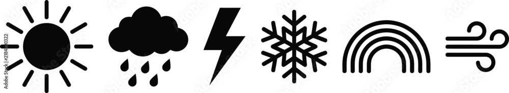 Obraz premium A set of six black weather icons representing various meteorological conditions.