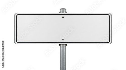 Blank white rectangular road sign with black border on a metal pole, isolated on transparent background