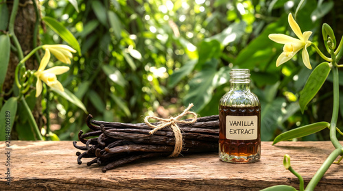 Vanilla extract bottle sitting next to tied spice pods on rustic wooden table