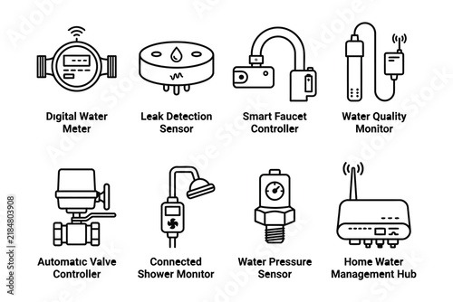Smart home water management system icons set