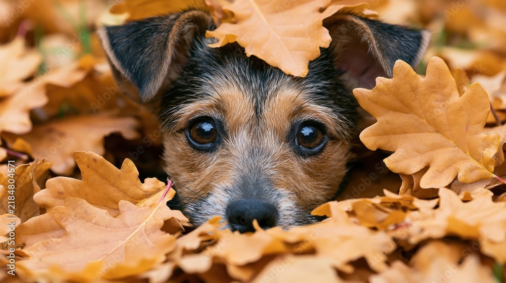 Fototapeta premium Small terrier mix dog peeking out from a pile of fallen autumn oak leaves