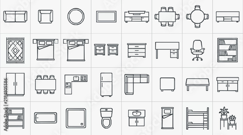 Comprehensive Icon Set of Furniture and Home Decor Line Drawings for Interior Design Projects