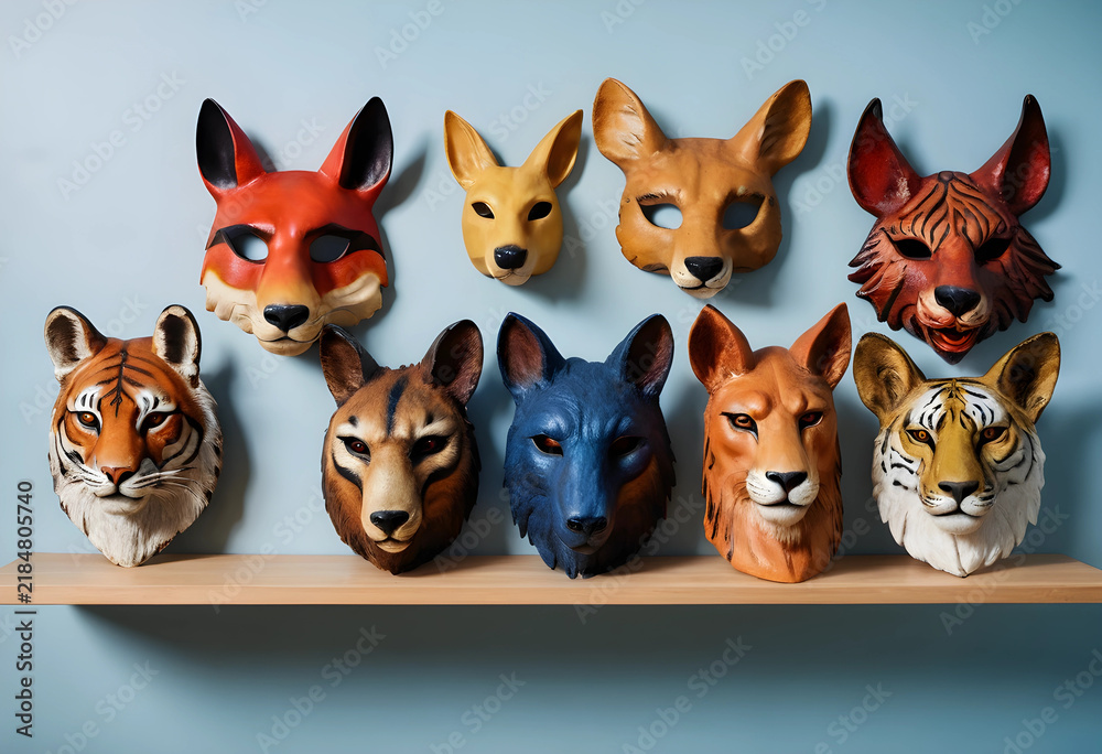 Fototapeta premium Animal masks collection, creative costume and masquerade party props, wildlife art and theatrical performance accessories displayed on a wooden shelf