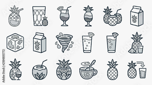 Pineapple Themed Beverage Preparation and Serving Icons Collection