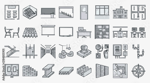 Comprehensive Icon Set of Office Architecture and Safety Equipment Elements