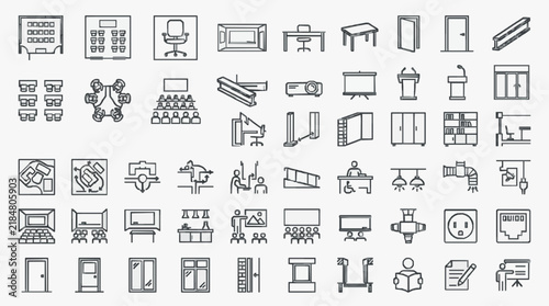 Comprehensive Icon Set for Office and Classroom Equipment and Furniture
