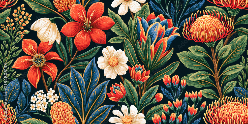 Obraz premium Seamless Vibrant Botanical Floral Pattern With Exotic Flowers And Lush Foliage