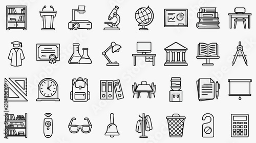 Educational icons set illustrating school and academic essentials