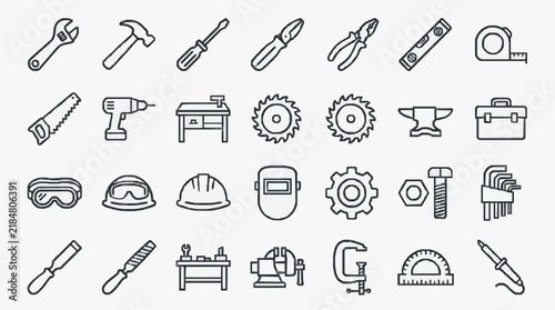 Comprehensive Set of Hand Tools and Safety Gear Line Icons for Designers