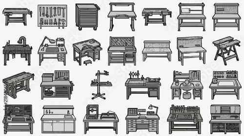Comprehensive Collection of Workbenches and Workshop Tools Line Art