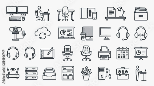 Comprehensive Office and Remote Work Icons Set for Presentations and Web Design