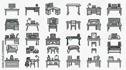 Diverse Workstation Setups with Desks and Office Furniture Line Art Collection