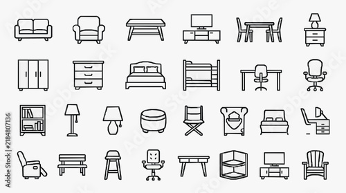 Comprehensive Set of Line Icons for Home and Office Furniture Design