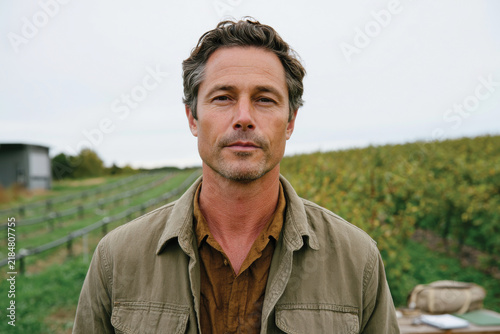 A serene man stands in a picturesque vineyard, radiating calmness and connection to nature, beautifully blending rustic surroundings with a tranquil atmosphere.