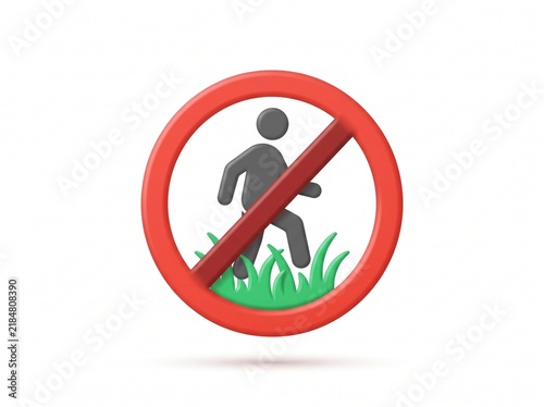 3D Illustration of a Keep Off the Grass Prohibition Sign with a Human Figure and Green Lawn on a White Background