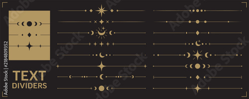 Esoteric golden tarot divider set with sun, moon, star, celestial elements. Magic design of simple vintage borders. Separator for card, menu, book page, frame. Vector illustration on black background