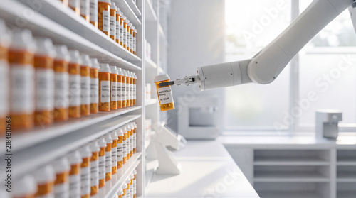 Pharmacy robot selecting prescription medicine bottle