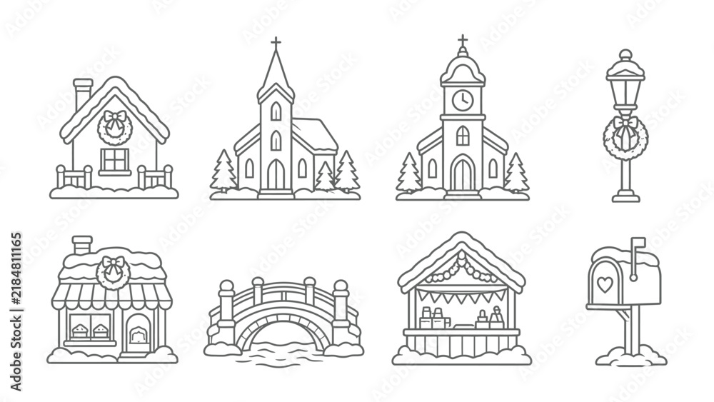 Naklejka premium Winter Village Icons: A charming collection of illustrated winter village icons, including houses, churches, a bridge, market stall, lamppost, and mailbox, all dusted with snow.
