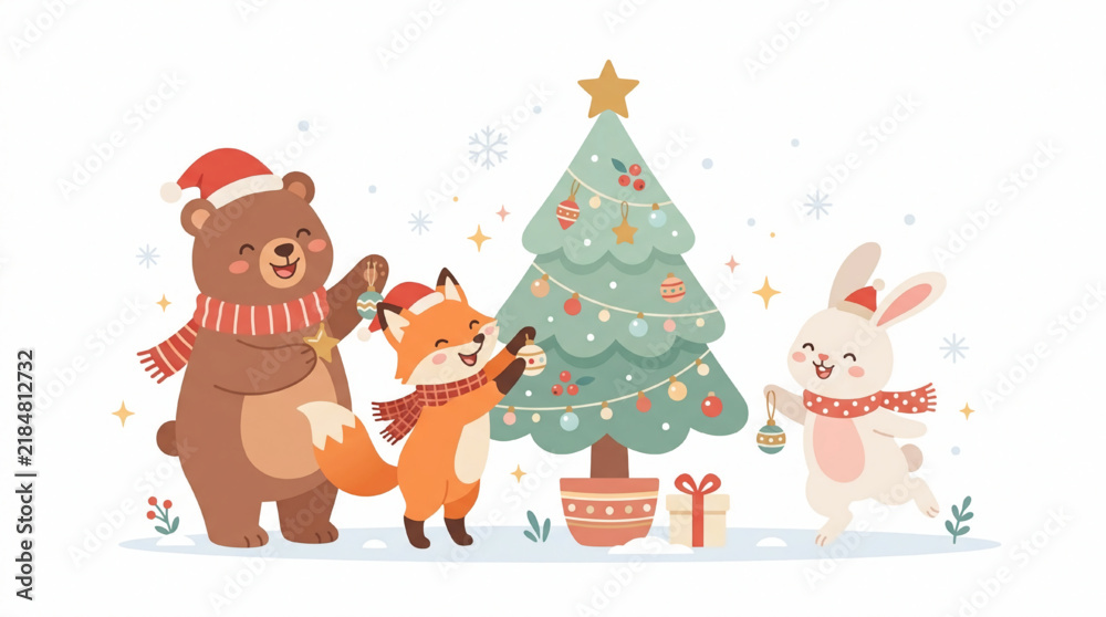 Fototapeta premium Forest animal friends decorating pine tree for winter