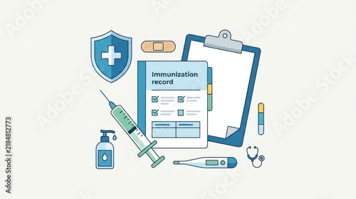 Immunization record with vaccine syringe, medical clipboard, shield symbol, and healthcare essentials arranged in a clean composition. Flat vector ill