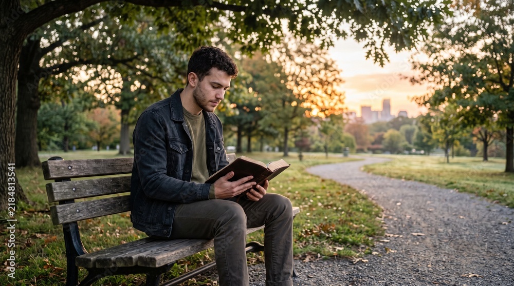 Obraz premium Young man reading a book on a park bench during autumn with city skyline in the background