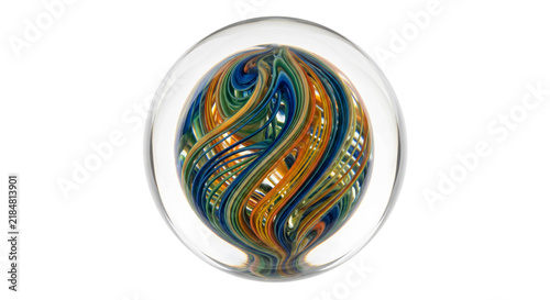 Fotografie Intricate glass orb with swirling colorful threads captured within clear sphere