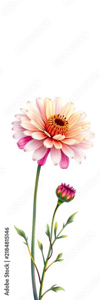 Fototapeta premium Pink and cream flower with bud isolated on white background