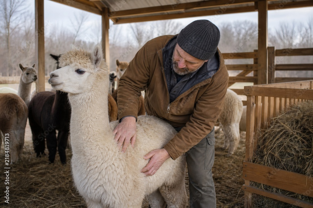 Fototapeta premium Alpaca and sheep care