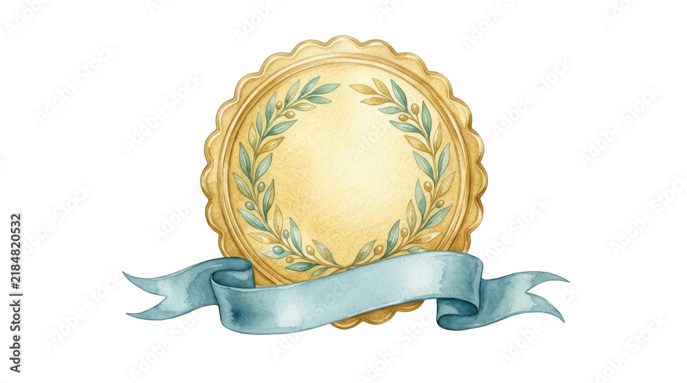Fototapeta premium Watercolor golden seal with olive branch wreath and blue ribbon isolated on transparent background