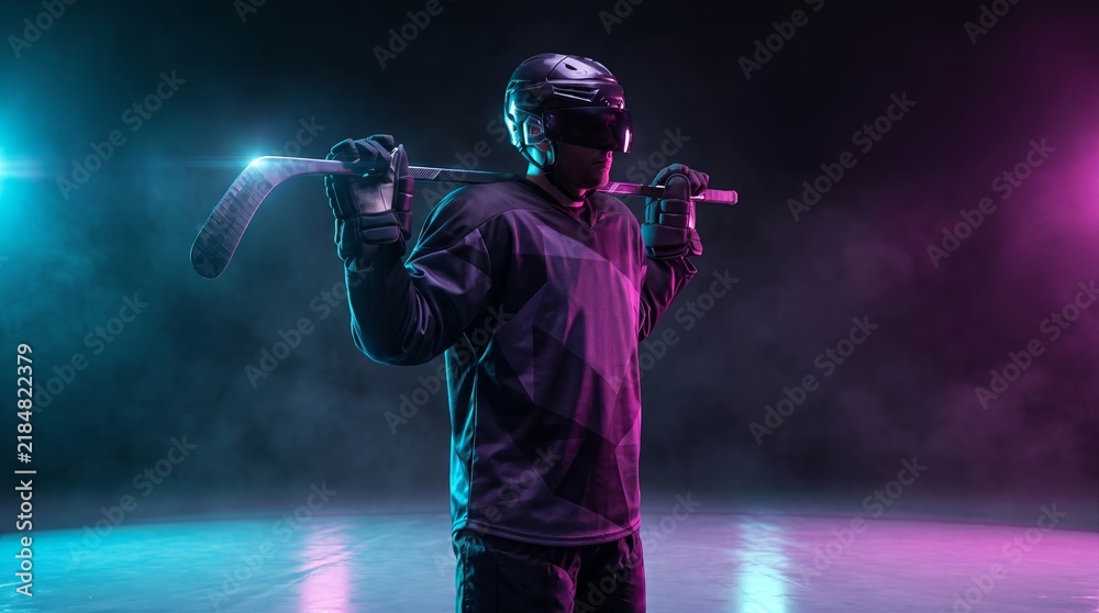 Fototapeta premium A hockey player in full gear stands with a stick on his shoulders under neon blue and pink lights. Concept includes sports, action, competition, and team spirit themes for advertising. Generative AI.