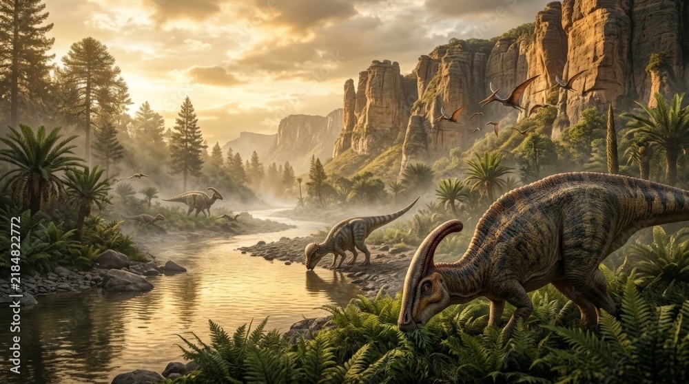 Fototapeta premium A picturesque digital illustration shows a prehistoric landscape where a majestic dinosaur drinks from a winding river, while other dinosaurs roam the lush valley at sunrise