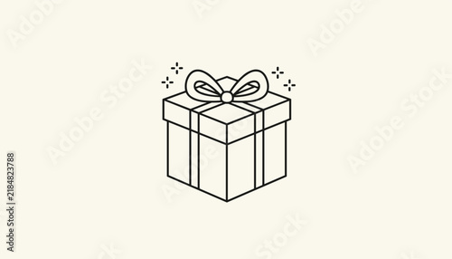 Simple black and white line art of a gift box wrapped with a ribbon and bow surrounded by small twinkling stars for a special occasion.