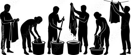 People washing and hanging clothes to dry set vector illustration