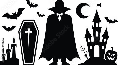 Foto Vampire count silhouette standing near coffin gothic castle flying bats and cree