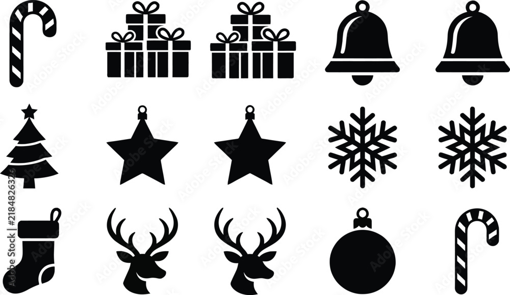 Naklejka premium Christmas holiday icons featuring pine tree snowflake reindeer head candy cane and ornaments for winter season decorations. 