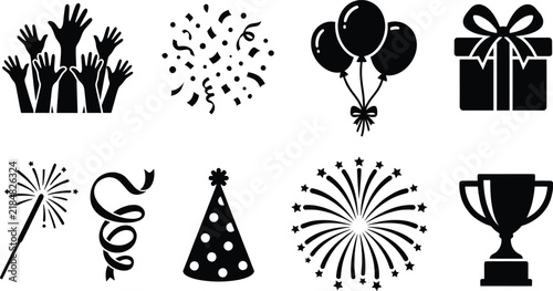 Celebration party black silhouette icons for festive events design.	
