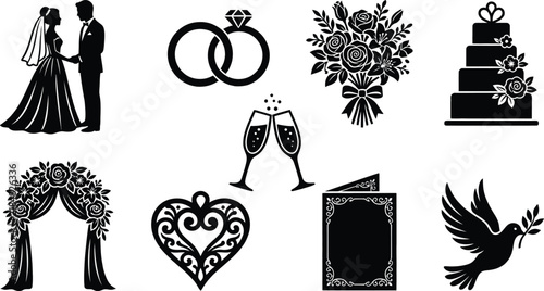 New year celebration icons set with black silhouettes for holiday party graphics and festive event countdowns.	

